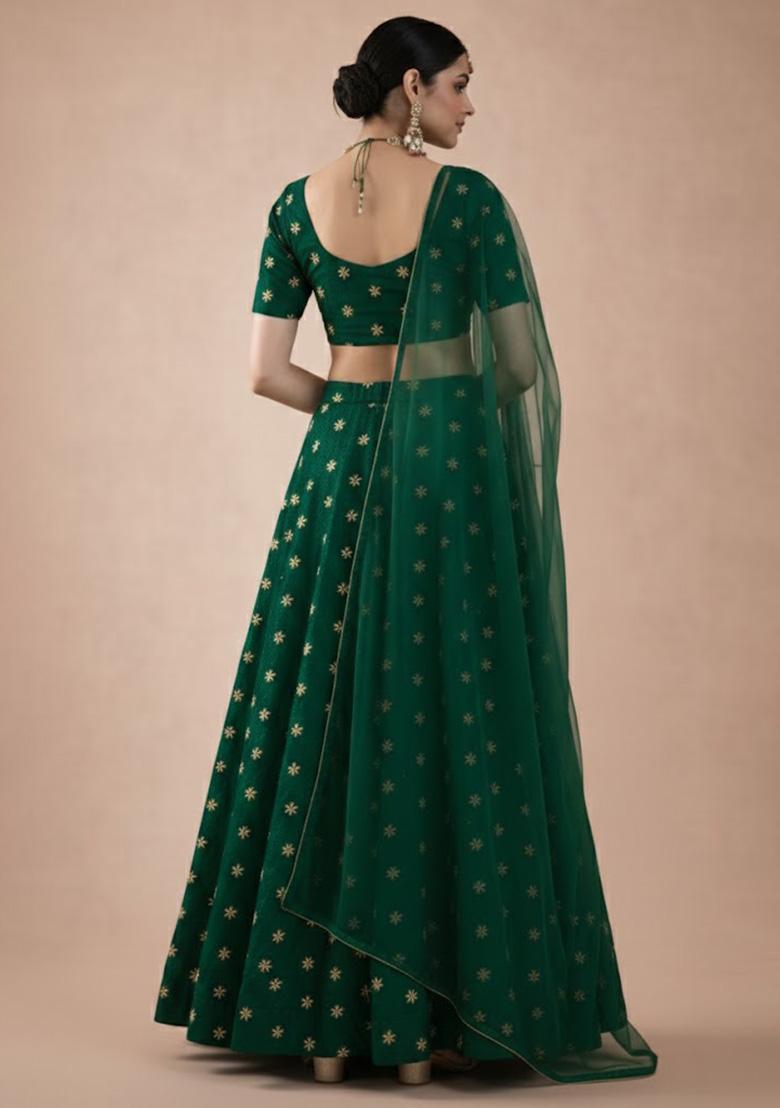 Dark Green Embroidered Shimmer Lehenga Set - Indya