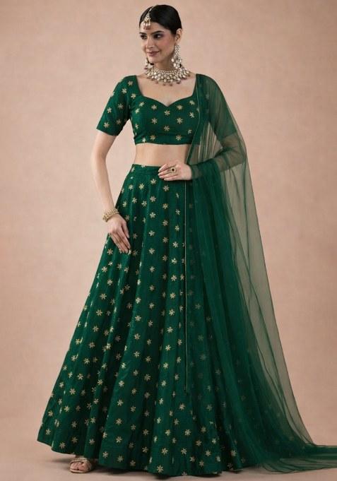 Dark Green Embroidered Shimmer Lehenga Set