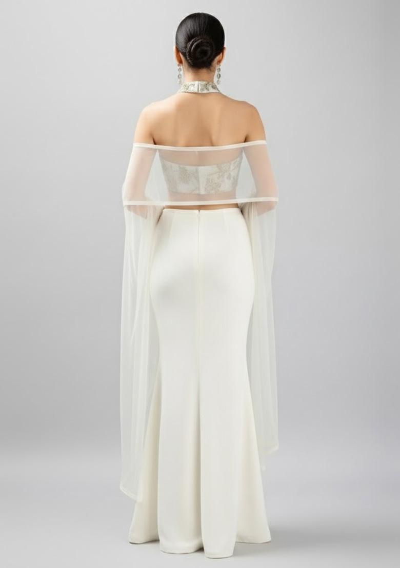 Ivory Embroidered Crepe Fusion Set - Indya