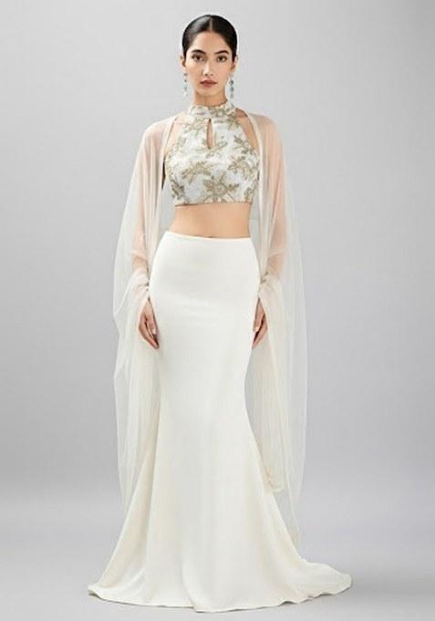 Ivory Embroidered Crepe Fusion Set