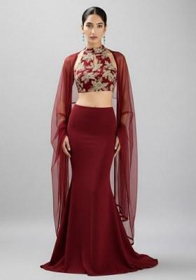 Deep Red Embroidered Crepe Fusion Set