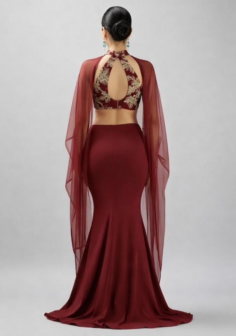 Deep Red Embroidered Crepe Fusion Set - Indya