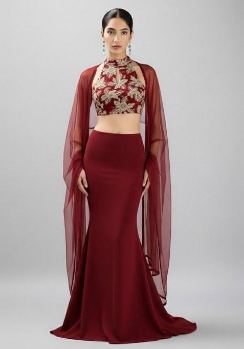 Deep Red Embroidered Crepe Fusion Set