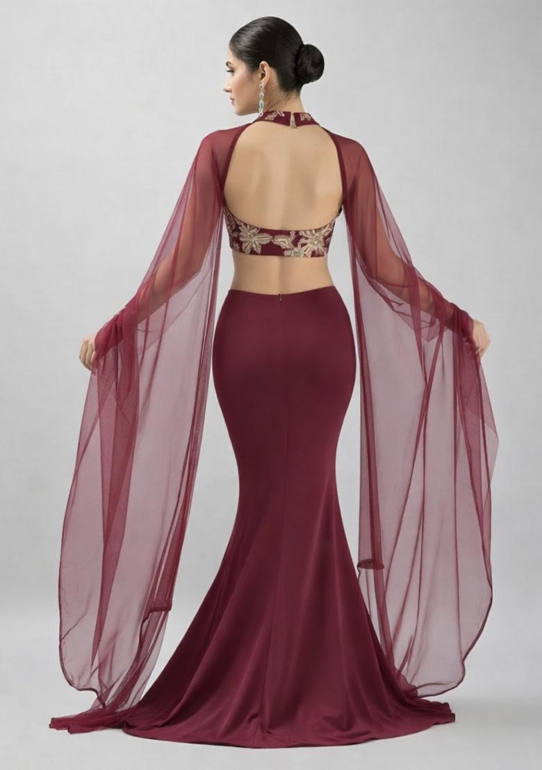 Maroon Embroidered Crepe Fusion Set - Indya