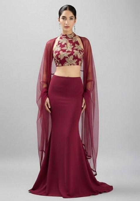 Maroon Embroidered Crepe Fusion Set
