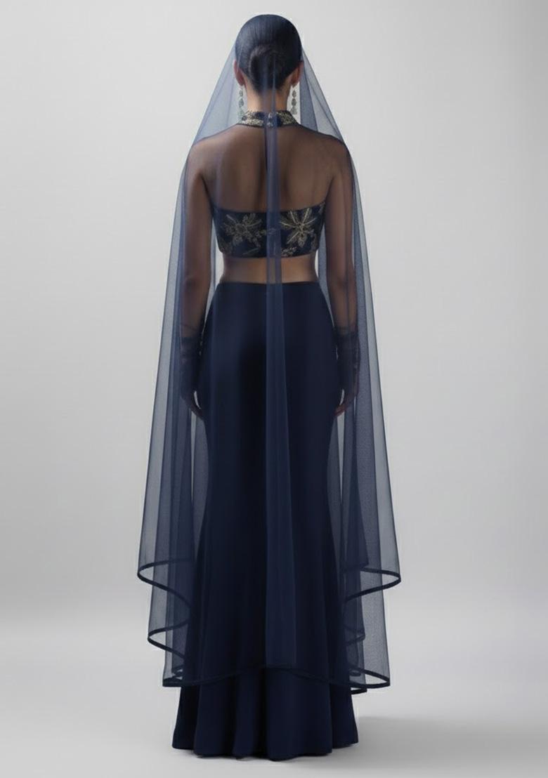 Navy Blue Embroidered Crepe Fusion Set - Indya