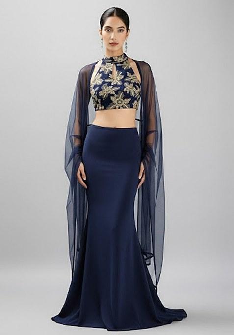 Navy Blue Embroidered Crepe Fusion Set