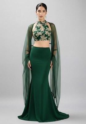 Bottle Green Embroidered Crepe Fusion Set