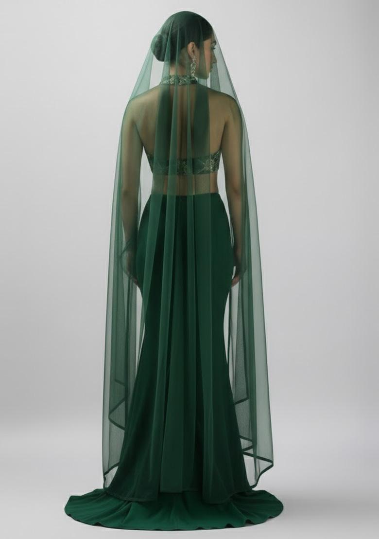 Bottle Green Embroidered Crepe Fusion Set - Indya