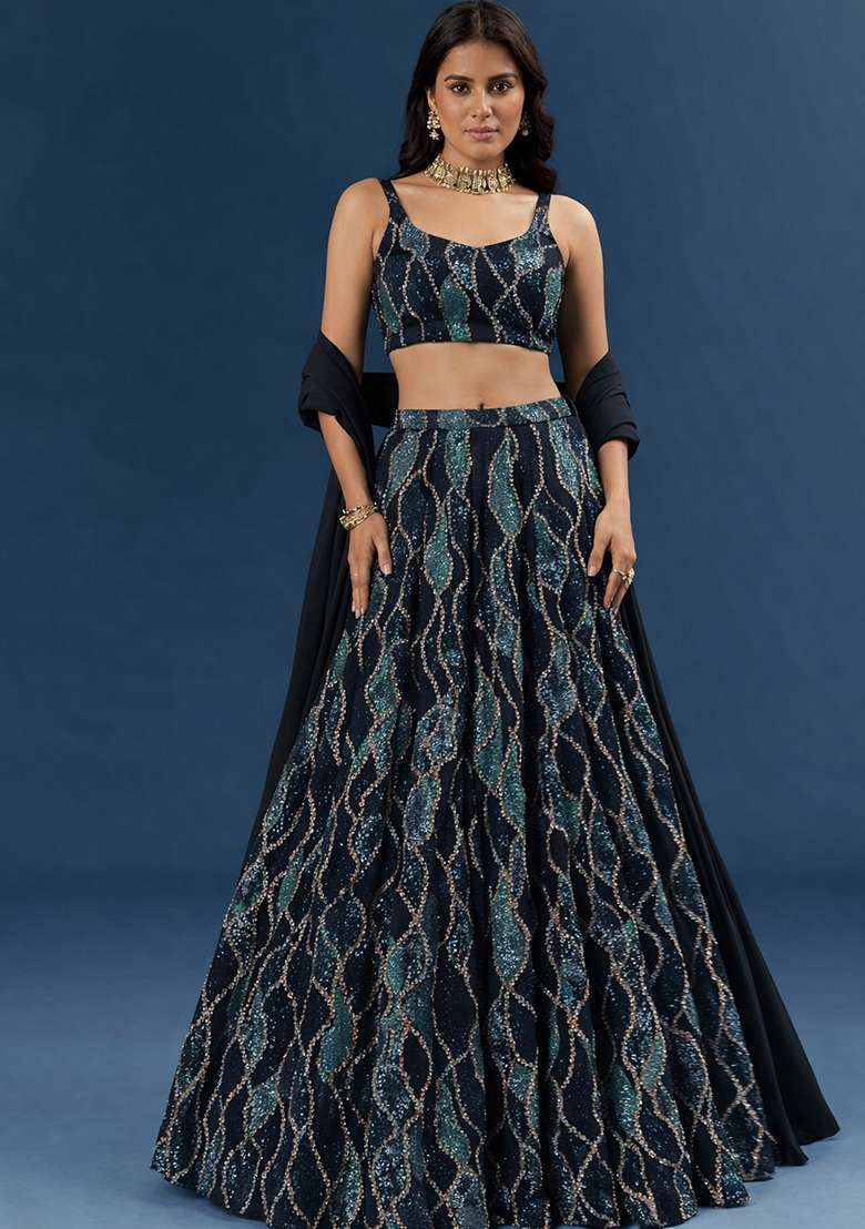 &nbsp;Deep Blue Embellished Lehenga Set - Indya