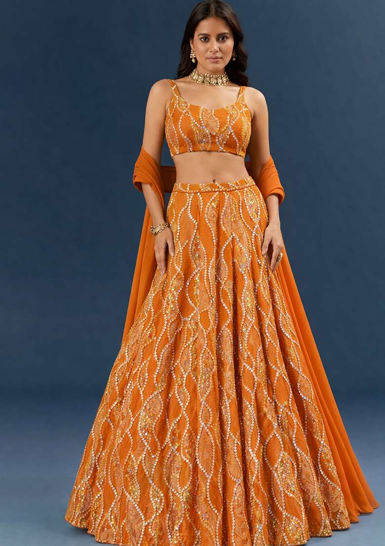 Orange Embellished Lehenga Set - Indya