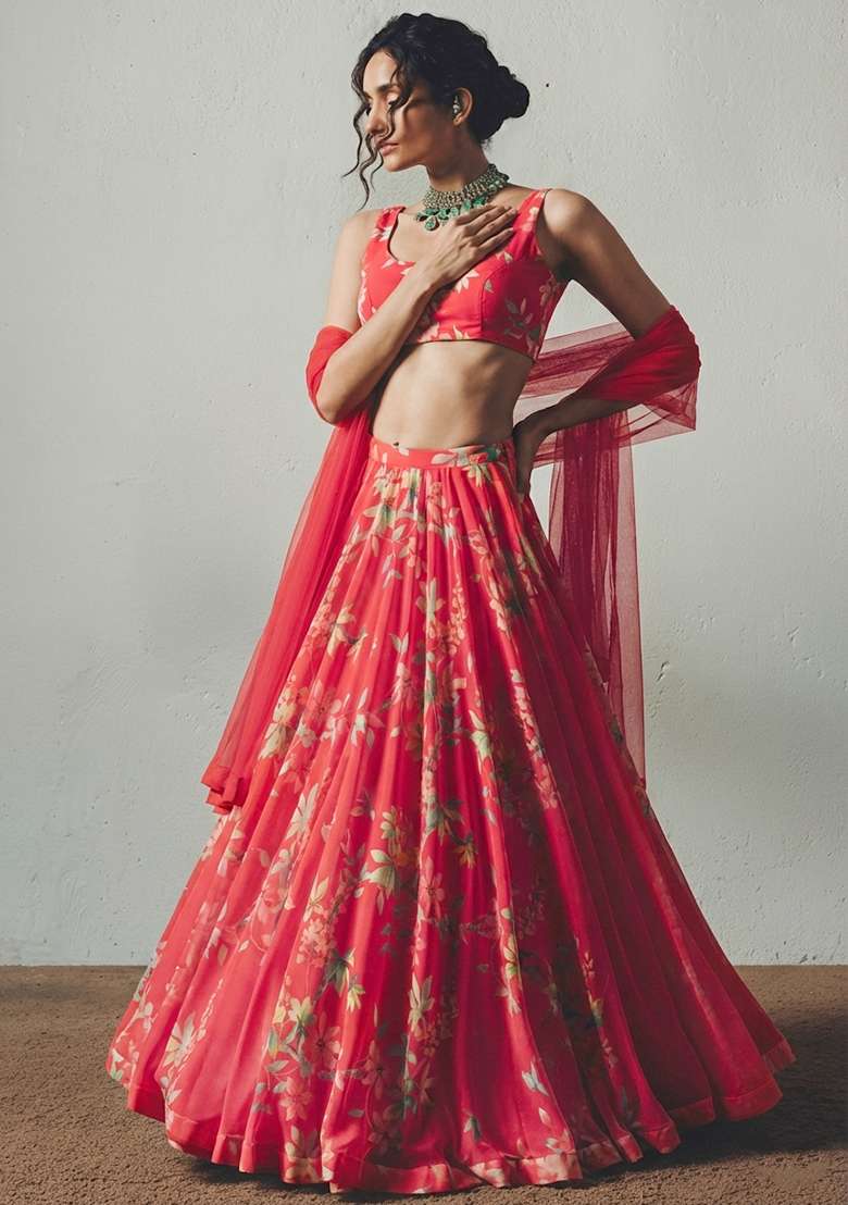 Pink Floral Print Georgette Lehenga Set for Diwali and Festive Wear - Indya