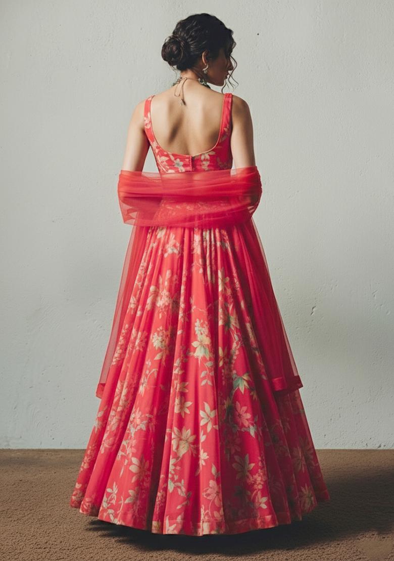 Pink Floral Print Georgette Lehenga Set - Indya