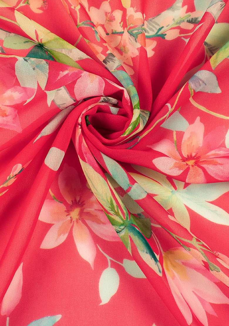 Pink Floral Print Georgette Lehenga Set for Diwali and Festive Wear - Indya