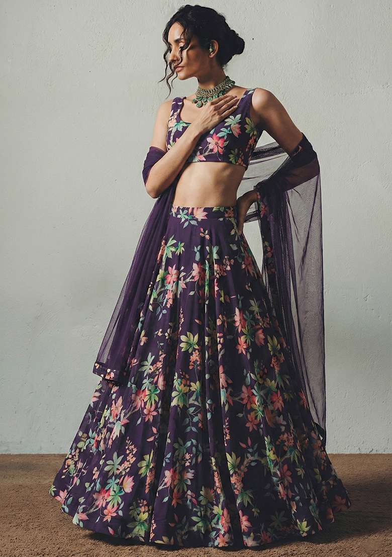 Purple Floral Print Georgette Lehenga Set for Diwali and Festive Wear - Indya
