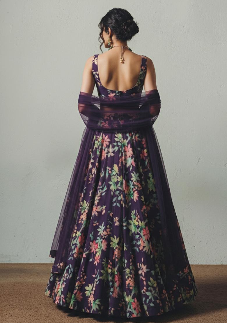 Purple Floral Print Georgette Lehenga Set - Indya