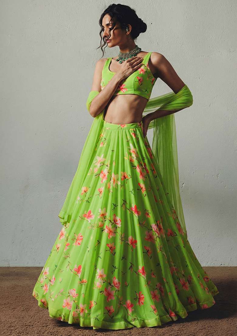 Leaf Green Georgette Lehenga Set with Floral Print for Diwali | Wedding & Festive Wear - Indya
