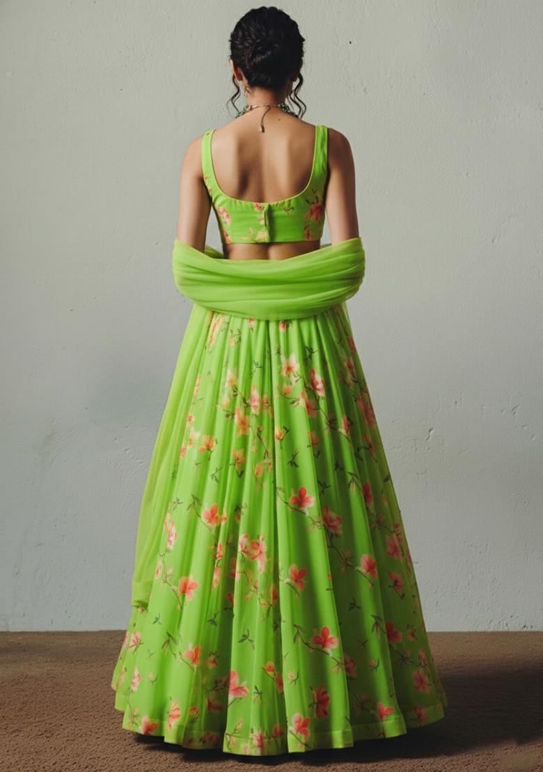 Leaf Green Floral Print Georgette Lehenga Set - Indya