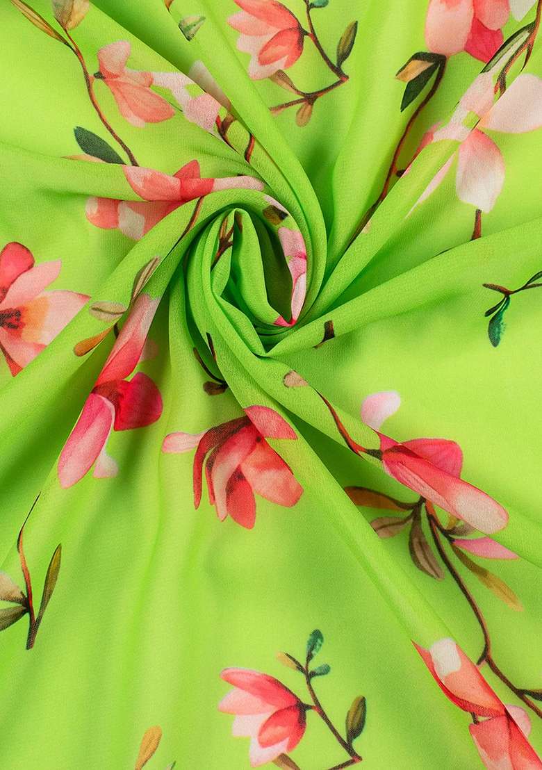 Leaf Green Georgette Lehenga Set with Floral Print for Diwali | Wedding & Festive Wear - Indya