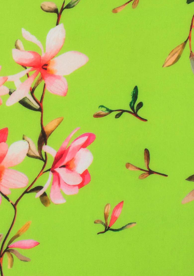 Leaf Green Floral Print Georgette Lehenga Set - Indya