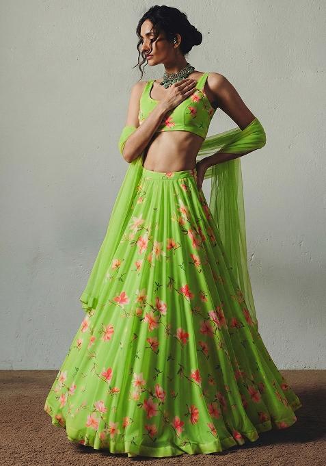 Leaf Green Floral Print Georgette Lehenga Set