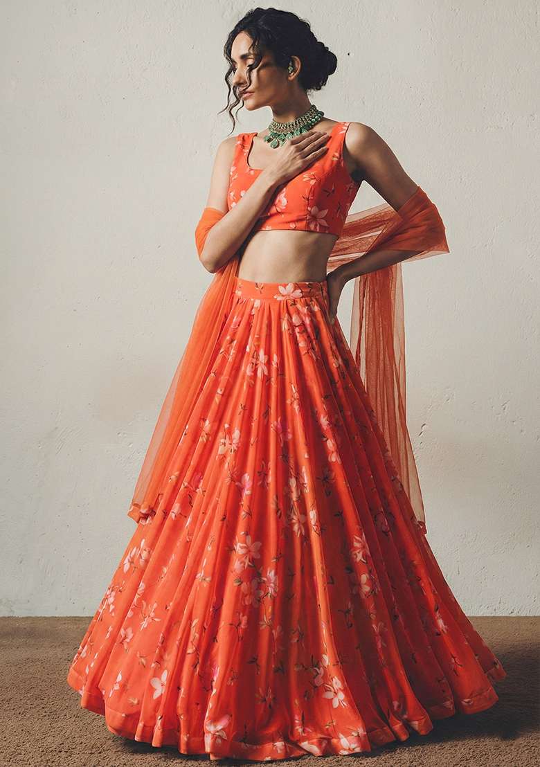 Coral Orange Floral Print Georgette Lehenga Set for Diwali and Festive Wear - Indya