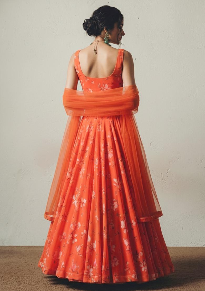 Coral Orange Floral Print Georgette Lehenga Set - Indya