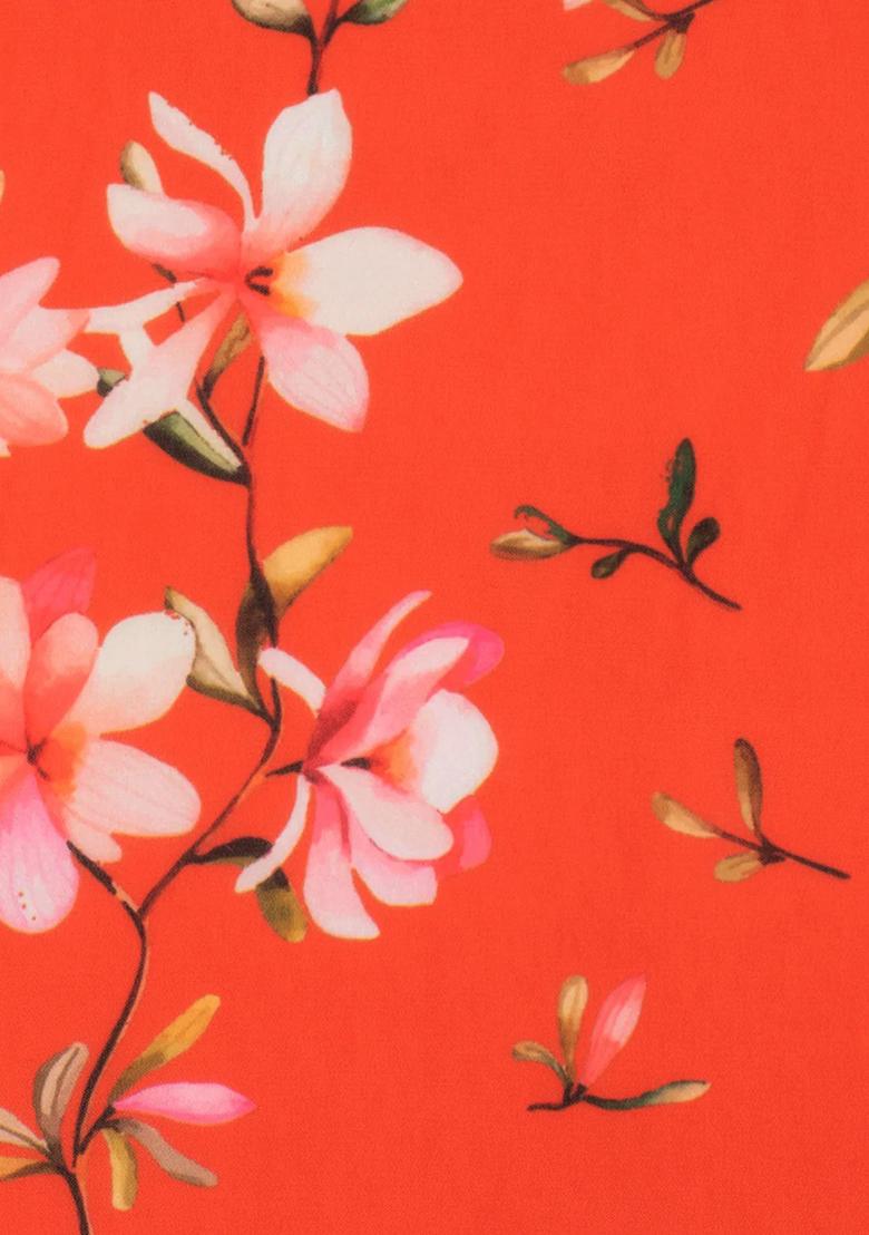 Coral Orange Floral Print Georgette Lehenga Set - Indya