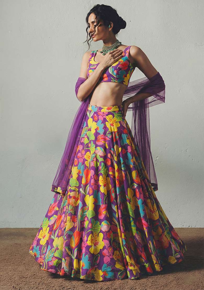 Purple Georgette Lehenga Set with Floral Print for Diwali | Wedding & Festive Wear - Indya