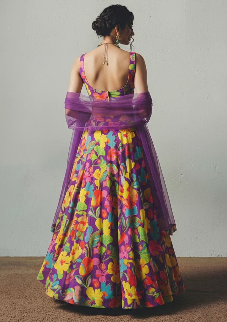 Purple Floral Print Georgette Lehenga Set - Indya