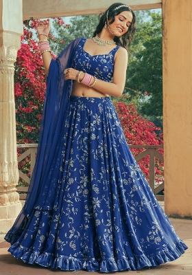 Blue Floral Print Georgette Lehenga Set