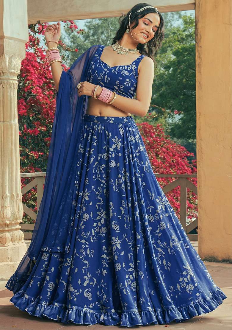 Blue Floral Print Georgette Lehenga Set for Diwali and Festive Wear - Indya