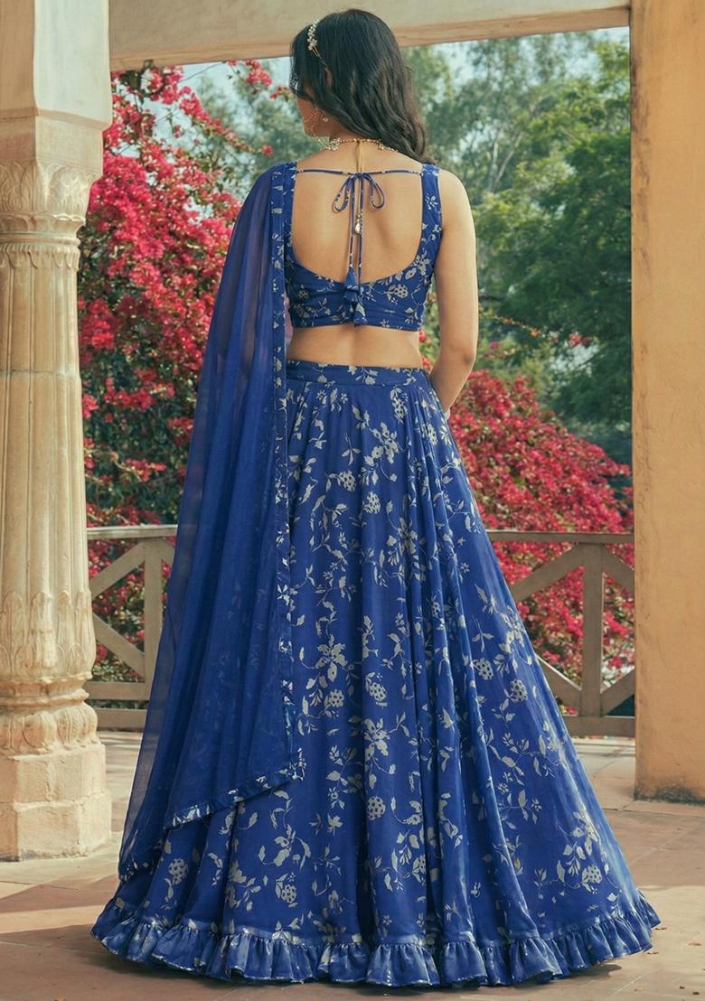 Blue Floral Print Georgette Lehenga Set - Indya