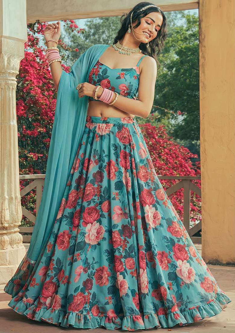 Aqua Green Floral Print Georgette Lehenga Set for Diwali and Festive Wear - Indya