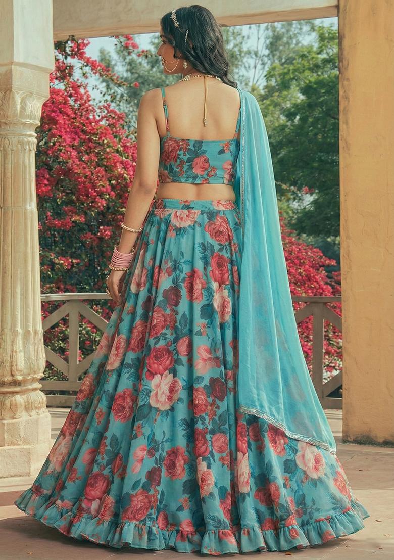 Aqua Green Floral Print Georgette Lehenga Set - Indya