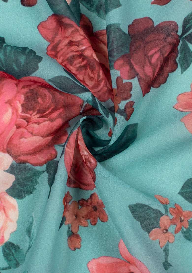 Aqua Green Floral Print Georgette Lehenga Set for Diwali and Festive Wear - Indya