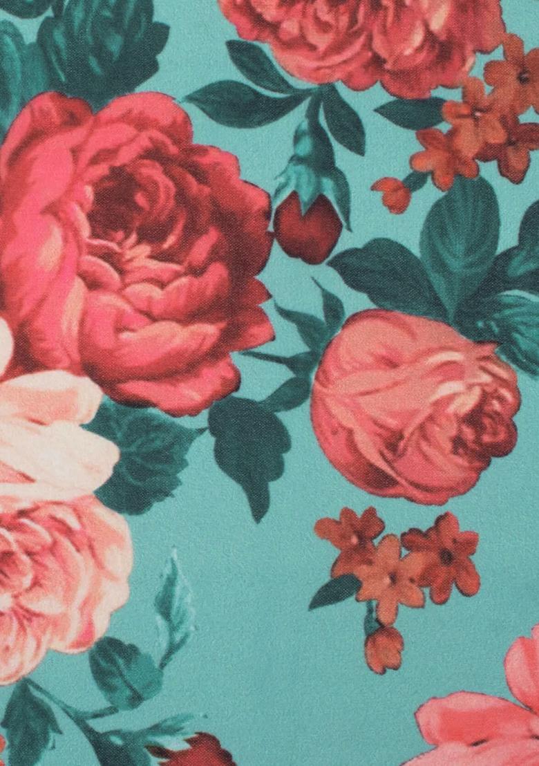 Aqua Green Floral Print Georgette Lehenga Set - Indya