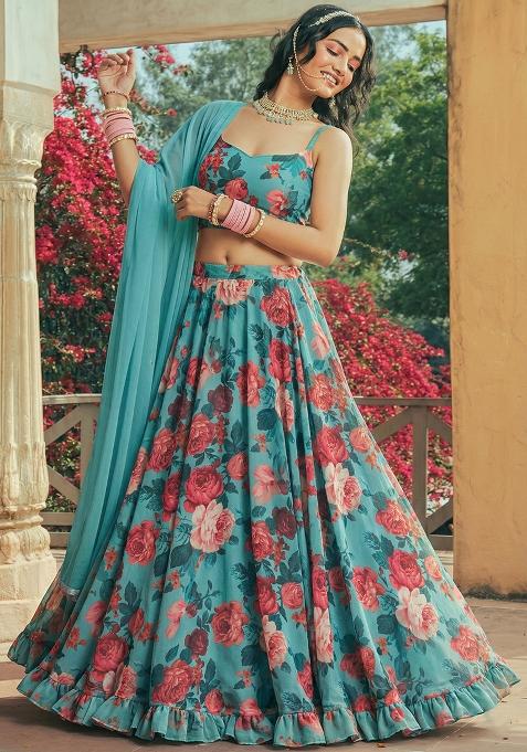 Aqua Green Floral Print Georgette Lehenga Set
