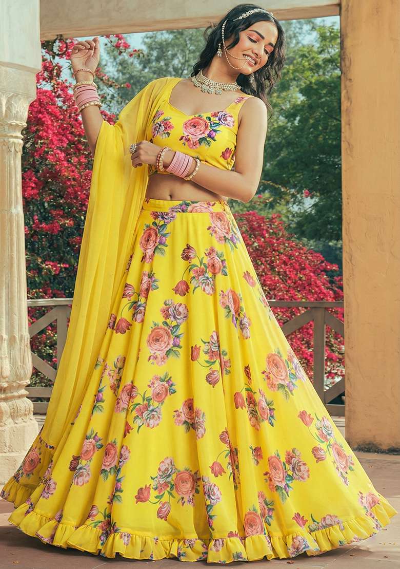 Yellow Floral Print Georgette Lehenga Set for Diwali and Festive Wear - Indya