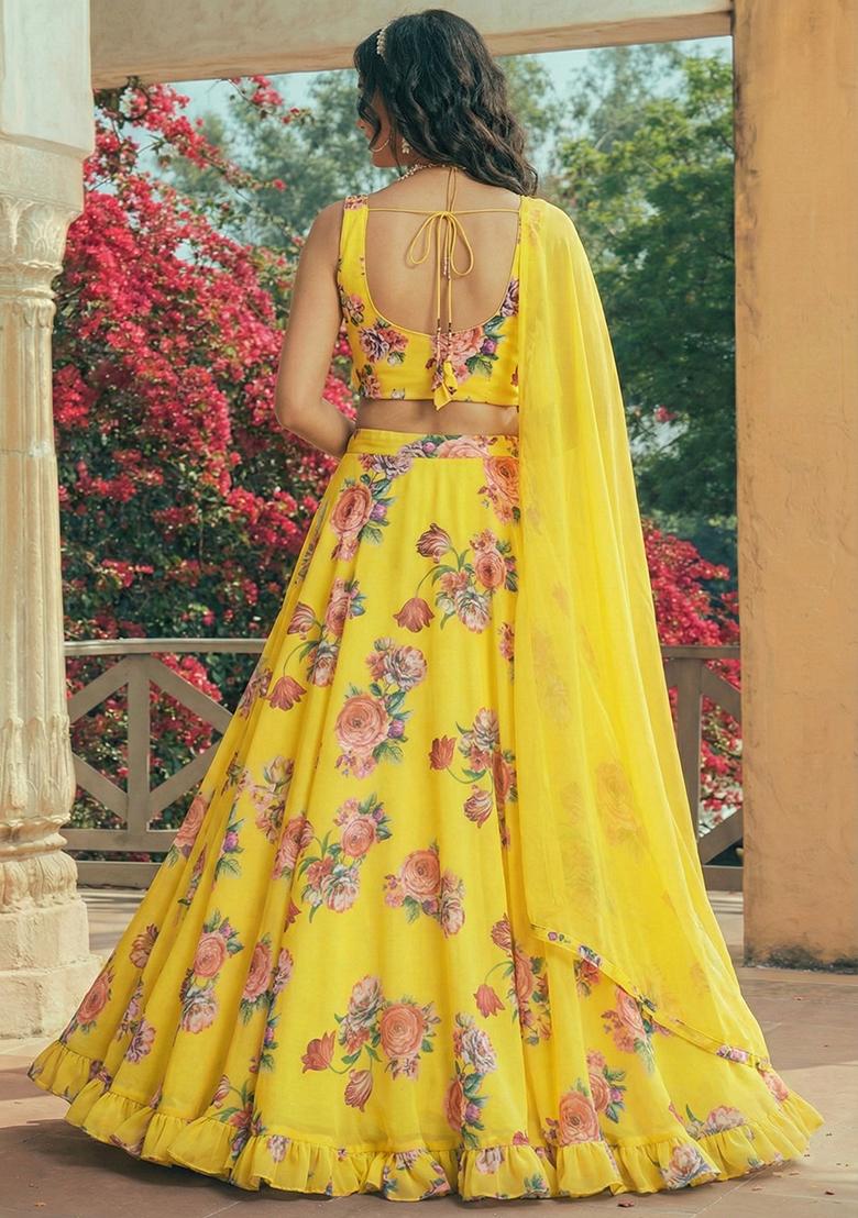 Yellow Floral Print Georgette Lehenga Set - Indya