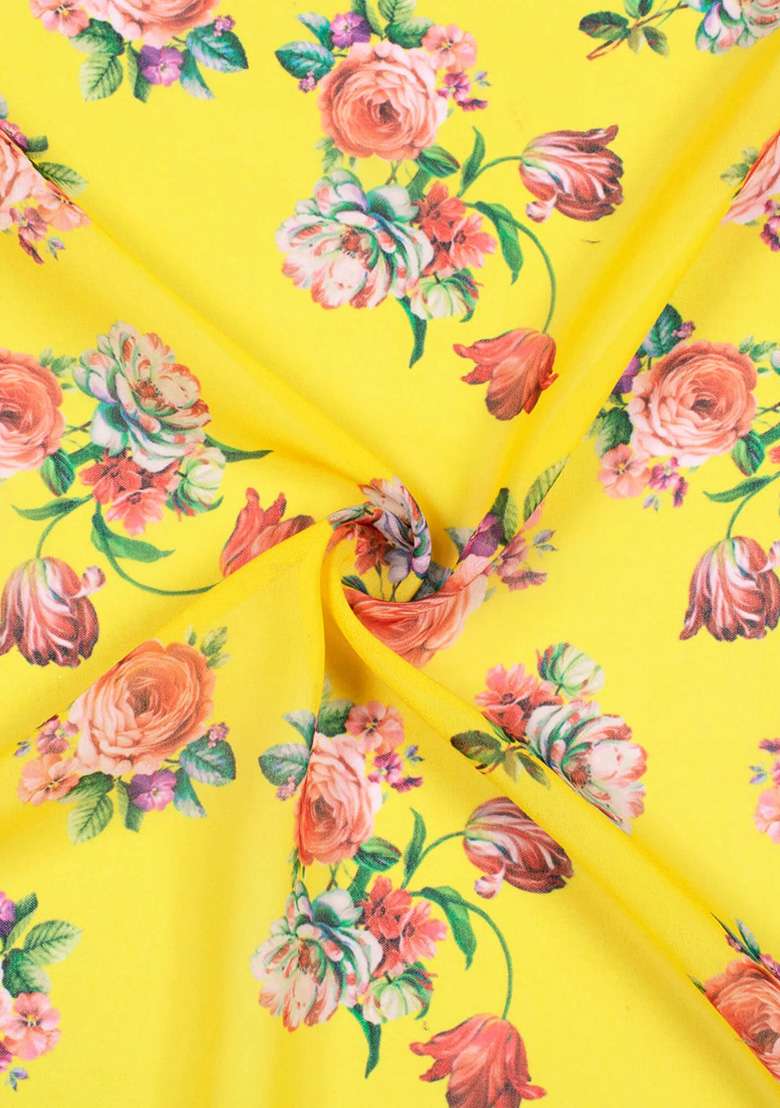 Yellow Floral Print Georgette Lehenga Set for Diwali and Festive Wear - Indya