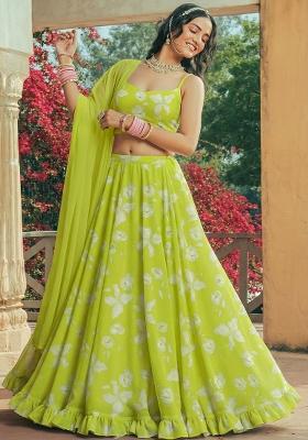 Lime Green Floral Print Georgette Lehenga Set