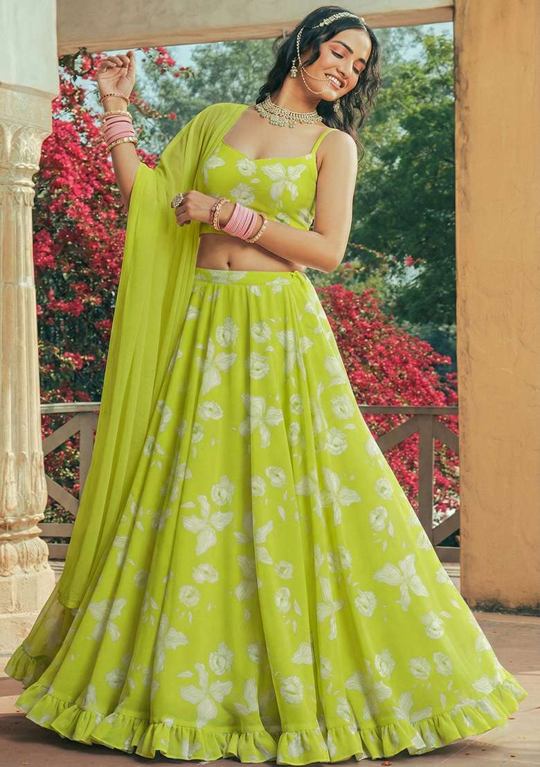 Lime Green Floral Print Georgette Lehenga Set for Diwali and Festive Wear - Indya
