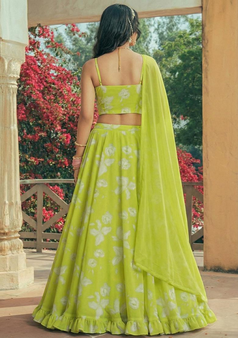Lime Green Floral Print Georgette Lehenga Set - Indya
