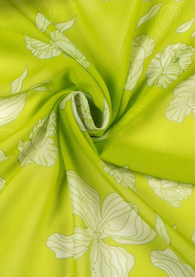 Lime Green Floral Print Georgette Lehenga Set for Diwali and Festive Wear - Indya