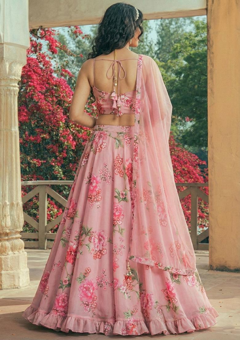 Blush Pink Floral Print Georgette Lehenga Set - Indya