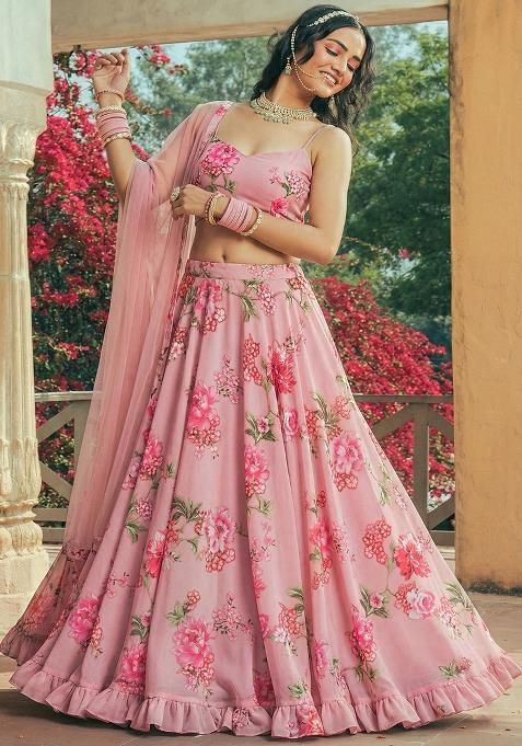 Blush Pink Floral Print Georgette Lehenga Set