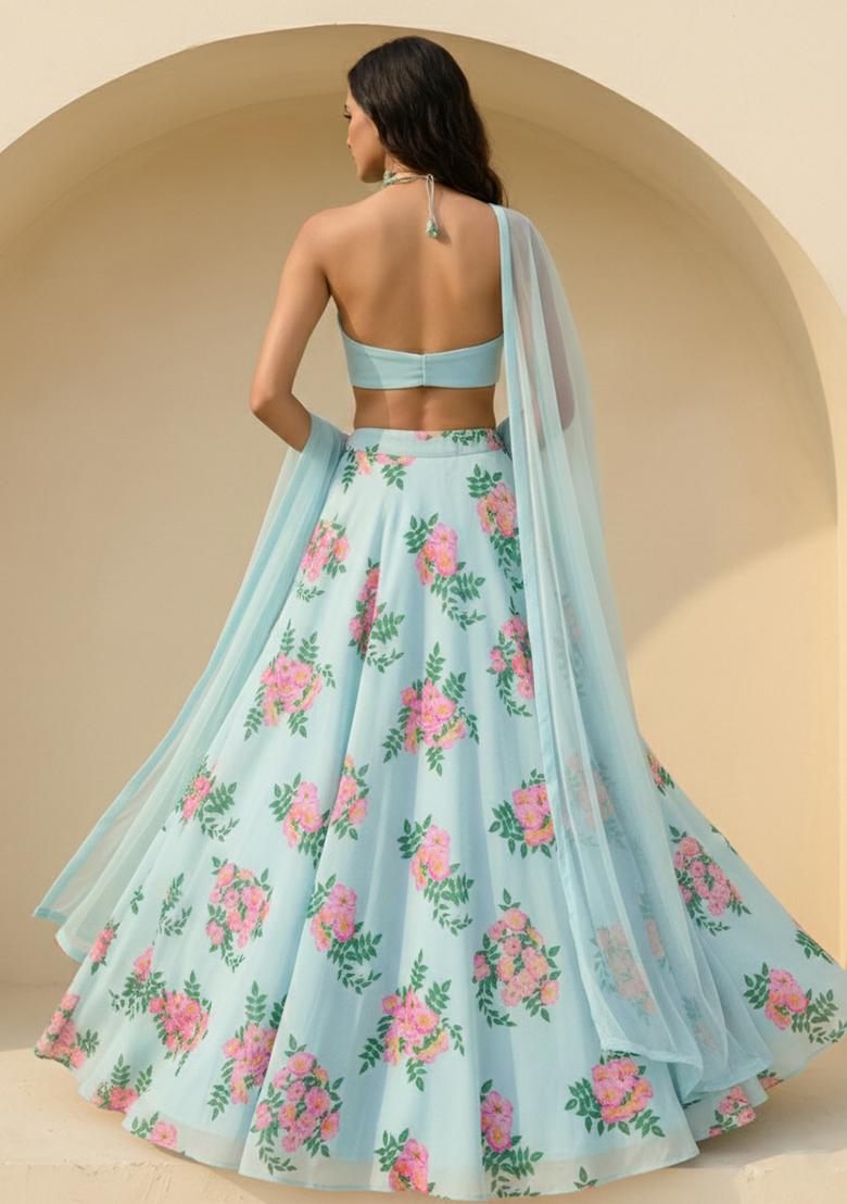 Powder Blue Floral Print Georgette Lehenga Set - Indya