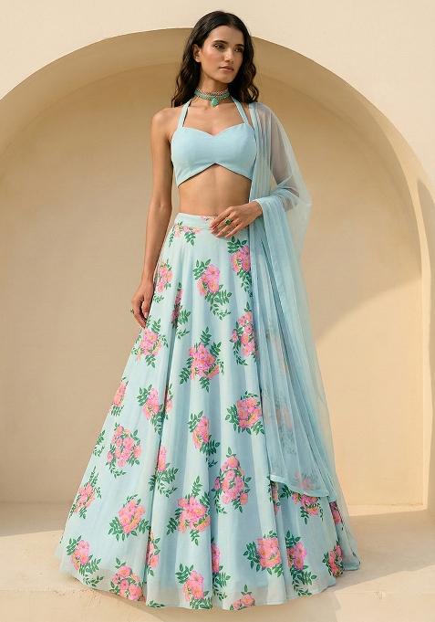 Powder Blue Floral Print Georgette Lehenga Set