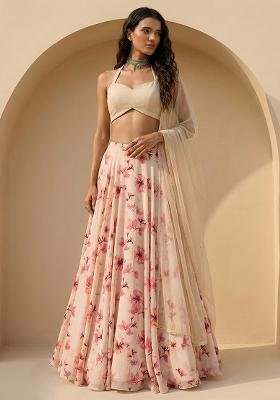 Cream Floral Print Georgette Lehenga Set